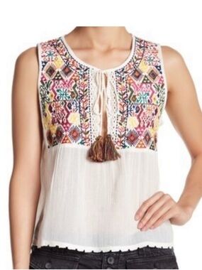 Free People Embroidered Tank Top Womens XS White Boho Tassel Gauze Blouse